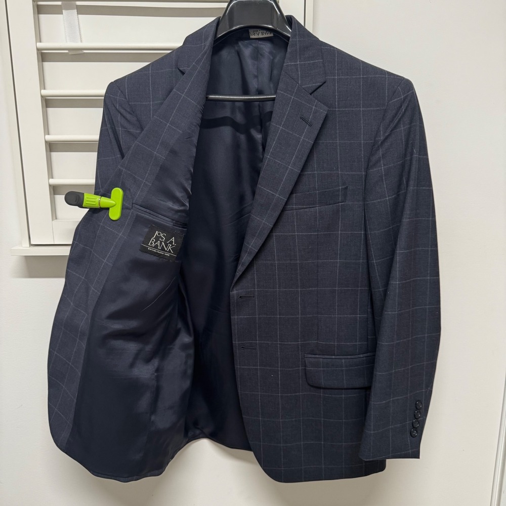 Jos A Bank Gordon Navy Windowpane 100% Wool Suit Jacket Blazer 40 Short